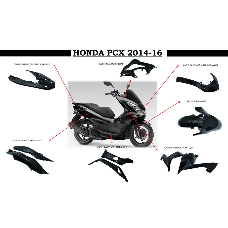 Carrosserie-carenage maxiscooter adaptable Honda 125 PCX 2014-2017 noir brillant kit 10 pièces P2R - vue 2
