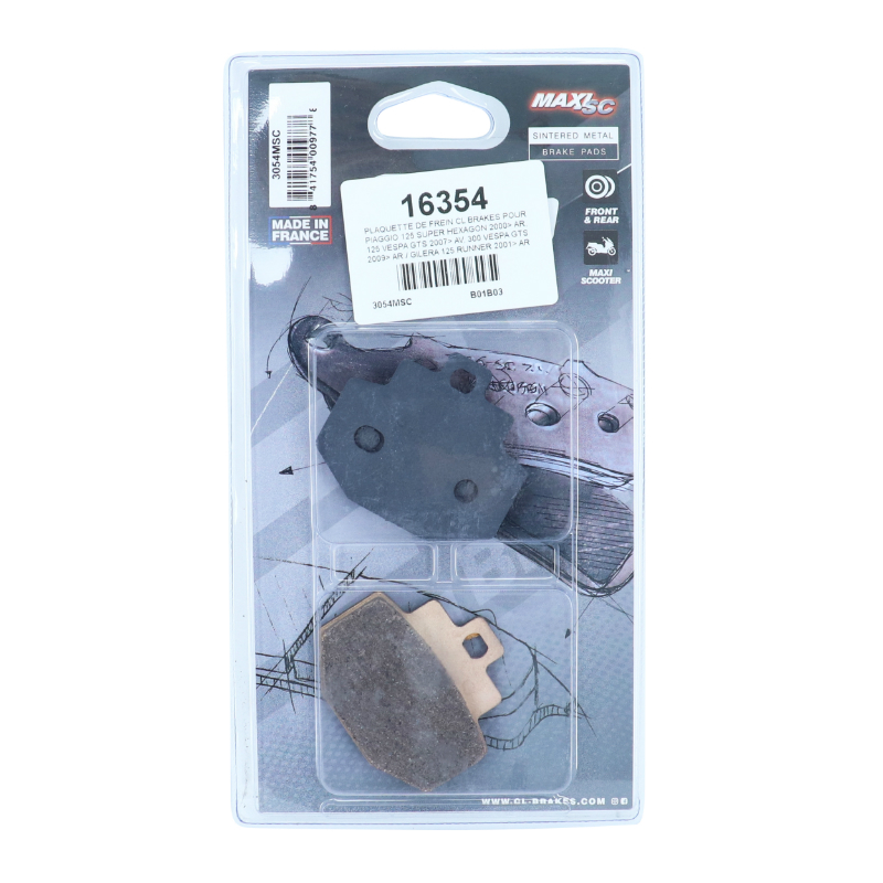 Plaquette de frein CL Brakes pour Piaggio 125 Super Hexagon 2000+ AR, 125 Vespa GTS 2007+ AV, 300 Vespa GTS 2009+ AR, Gilera 125 Runner 2001+ AR (jeu de 2) 3054 MSC - vue 3