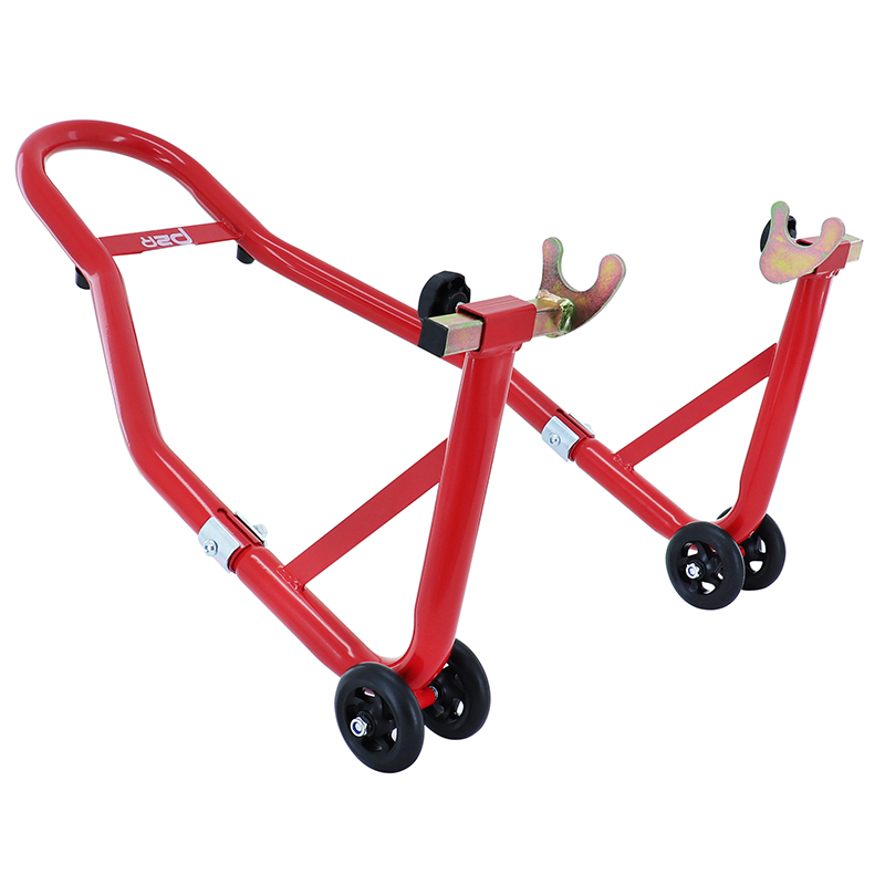 Leve-bequille moto stand P2R arriere universel renforce acier rouge avec support en v ecartement 210 a 350MM (long 780MM - larg 380MM - haut 330MM)
