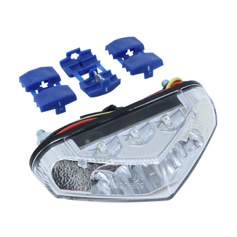 Feu arrière 50 à boîte-moto triangle blanc à leds avec éclairage de plaque (6 leds rouges + 3 blanches) longueur câble 28,5 cm homologué CE