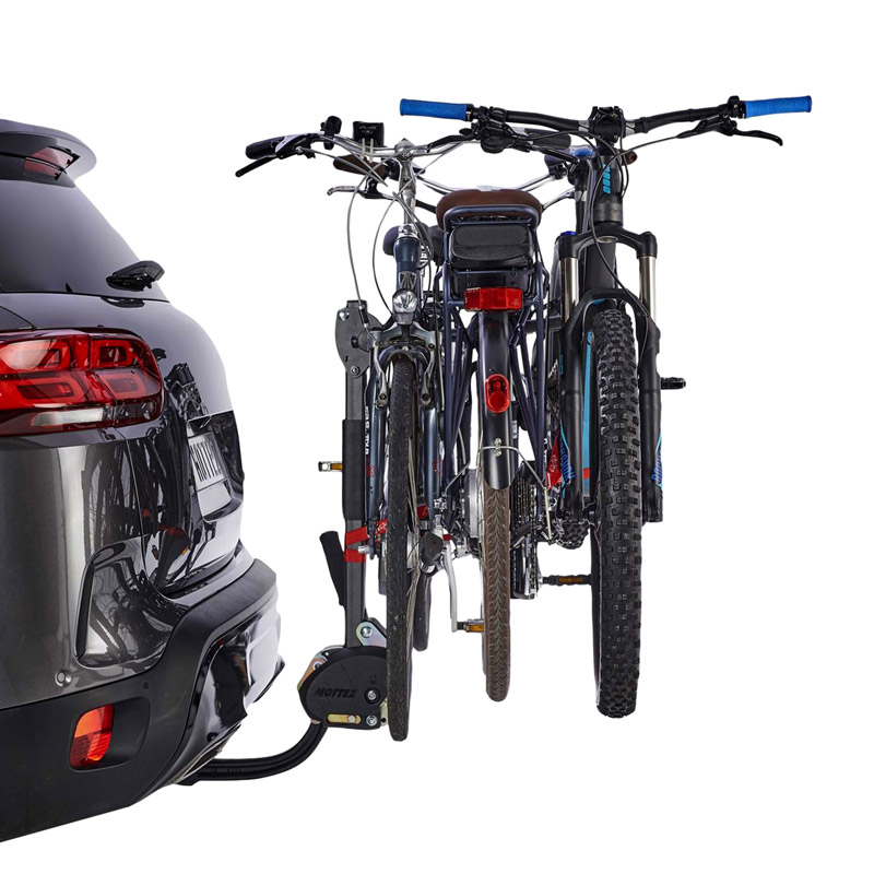 Porte velo d'attelage suspendu Mottez hercule pour 3 velos vae inclinable avec antivol, syteme easy pour montage rapide - fabrication francaise homologue ce - charge maxi 60KGS - vue 3