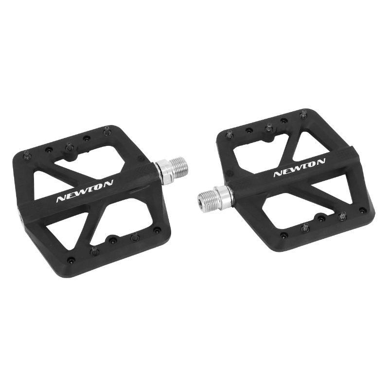 Pédales VTT plateforme descente Newton noir fibre axe alu filetage 9-16 avec picots interchangeables (paire)