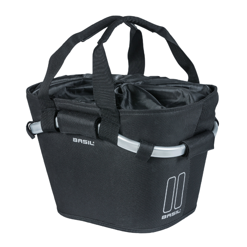 Panier avant toile Basil 2DAY 15L noir avec anse fixation clip automatique sur porte-bagage compatible Klickfix