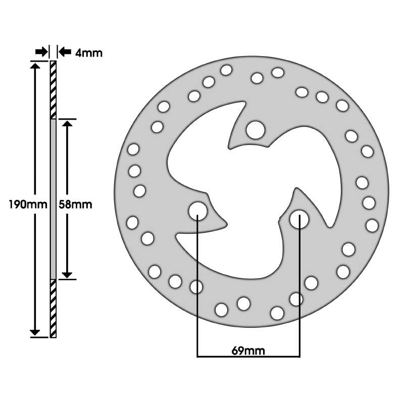Disque de frein adaptable peugeot 50 TKR av, trekker av, vivacity av, buxy av, citystar av - piaggio 50 typhoon av, NRG av - gilera 50 stalker av (ext 190MM - int 58MM - 3 trous) -P2R - vue 2