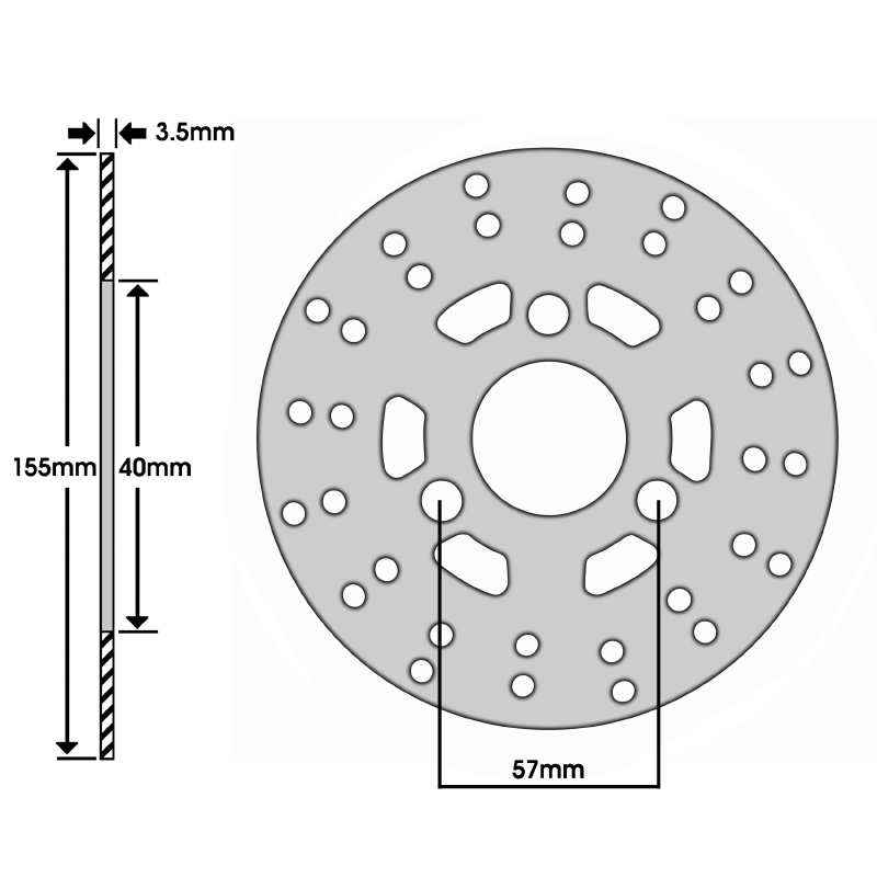 Disque de frein adaptable MBK 50 booster 1990+1998 av - yamaha 50 BWS 1990+1998 av - peugeot 50 ludix snake 2004+av, v-clic av - piaggio 50 zip (ext 155MM - int 40MM - 3 trous) -P2R - vue 2