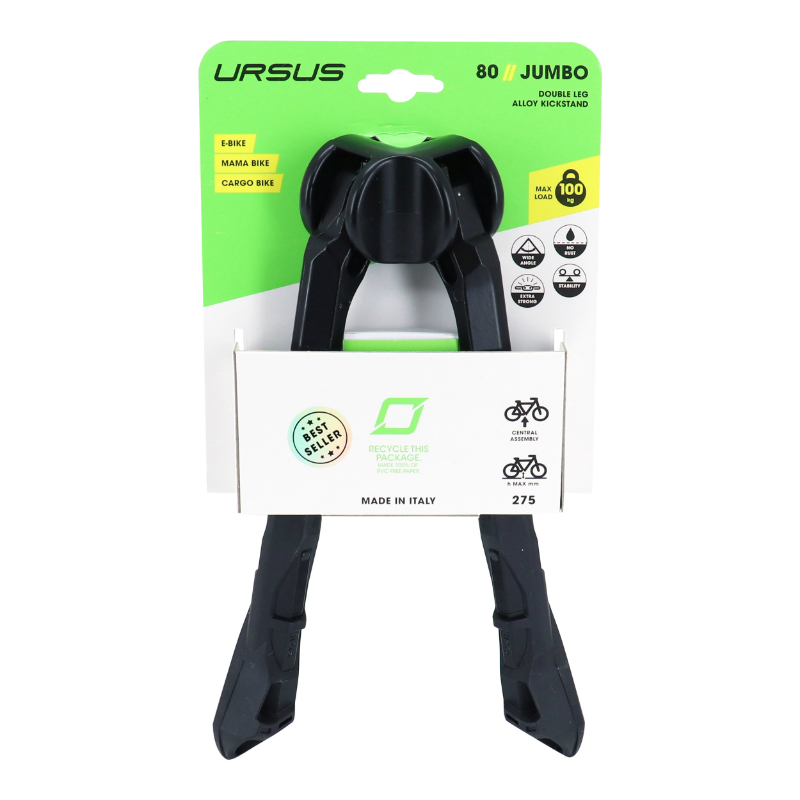 Bequille velo double centrale Ursus jumbo 26" pliable alu noir (275MM) - supporte poids 100KGS (livre sur carte) - vue 3
