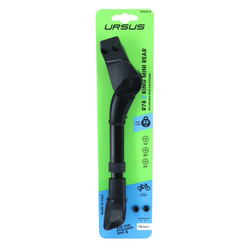 Bequille velo laterale arriere Ursus king mini 16-20-24'' noir reglable fixation 2 vis sur base entraxe 18MM - supporte 35KGS (livre sur carte) - vue 3