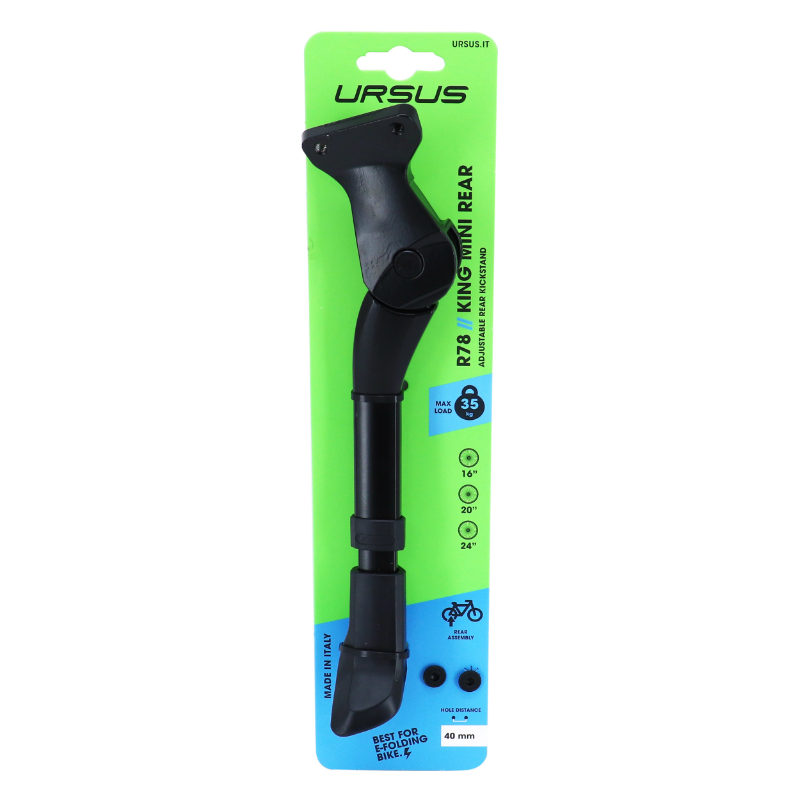 Bequille velo laterale arriere Ursus king mini 16-20-24'' noir reglable fixation 2 vis sur base entraxe 40MM - supporte 35KGS (livre sur carte) (compatible leader fox) - vue 3
