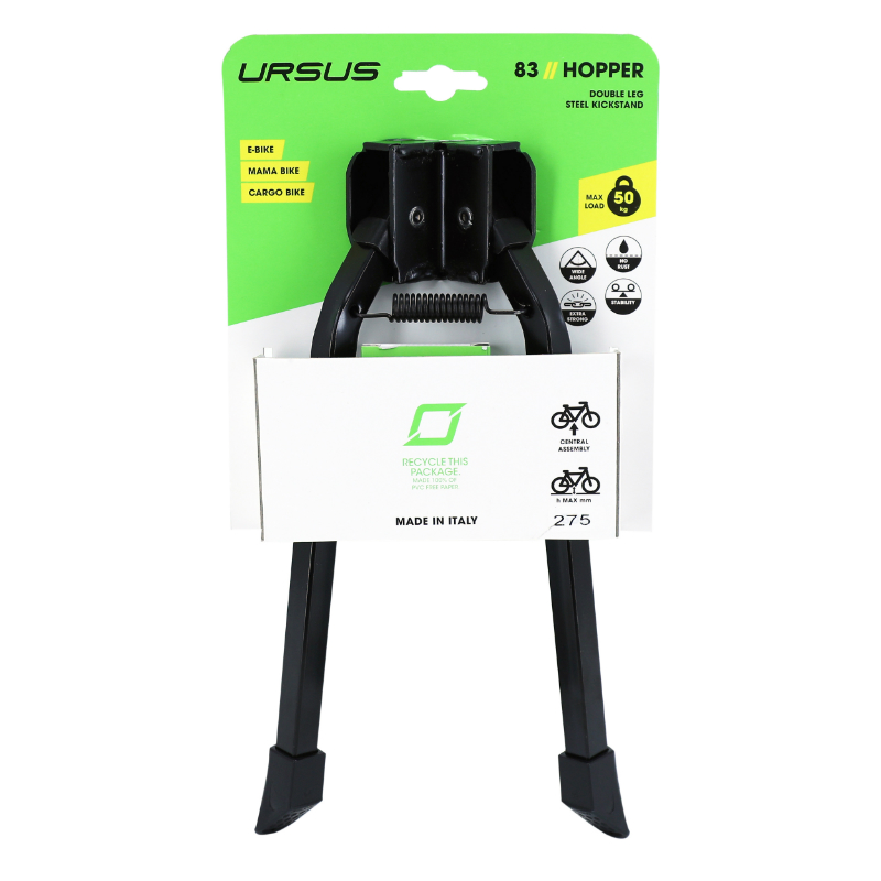 Bequille velo double centrale Ursus hooper foot 26" pliable alu noir (275MM) - supporte poids 50KGS (livre sur carte) - vue 3