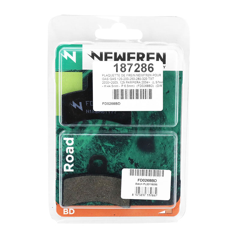 Plaquette de frein Newfren pour gas gas 125-200-250-280-320 TXT 2000+2003, 125 pampera 2004+ (l 57MM - h 44.5MM - p 6.5MM) (FD0268BD) (dirt organique) - vue 3