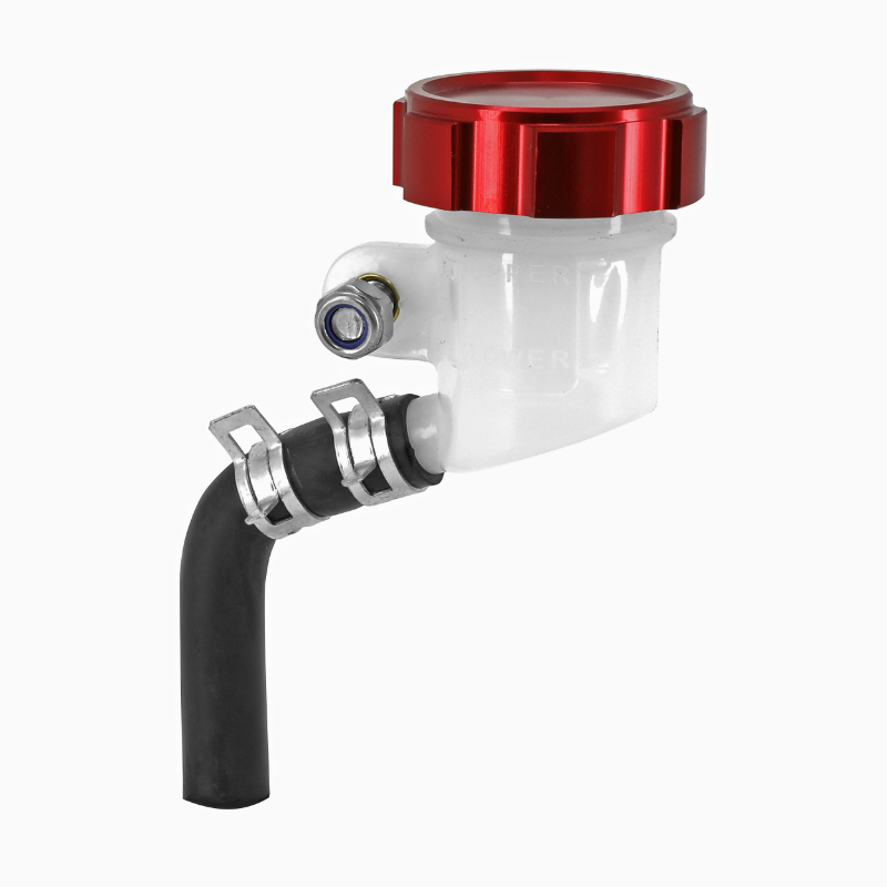 Bocal réservoir maître-cylindre frein radial rond diamètre 42 mm bouchon aluminium CNC rouge sortie latérale P2R - vue 2