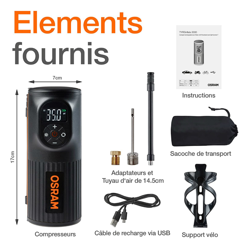 Compresseur-gonfleur universel multifonctions OSRAM 12V avec éclairage et batterie de secours - vue 6