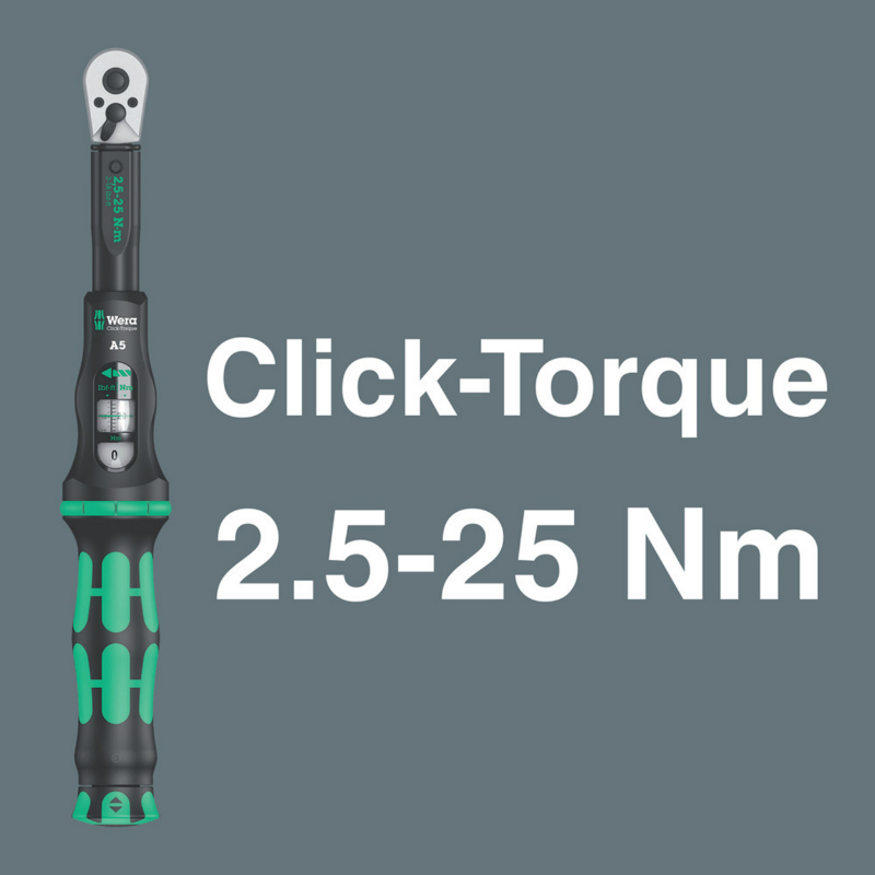 Clé dynamométrique Wera Bicycle Torque A5 carré 1-4 Nm 2,5-25 avec douilles et embouts débrayable noir-vert set 16 pièces - vue 2