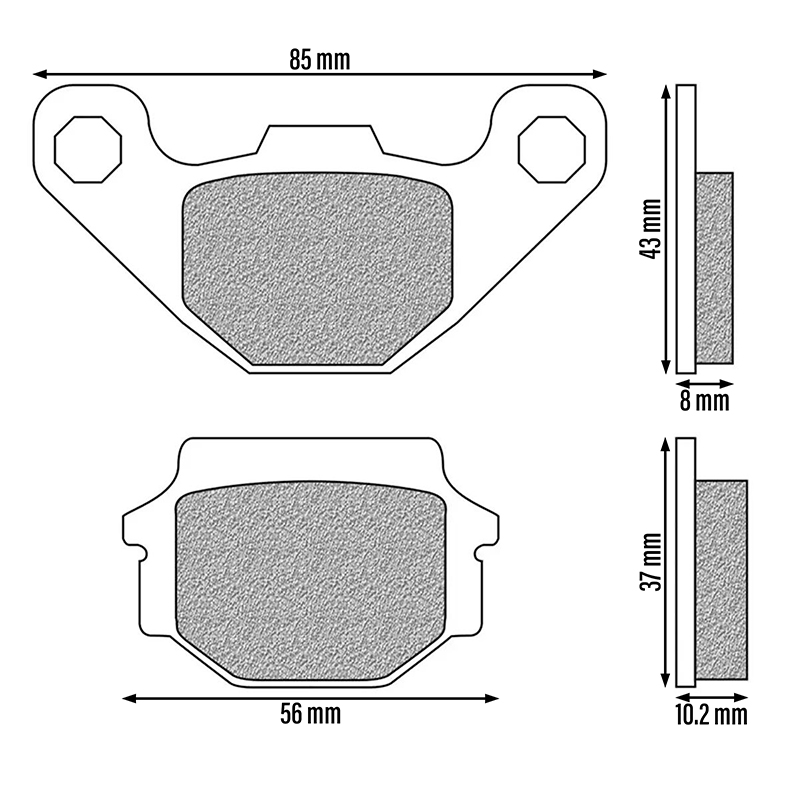 Plaquette de frein Newfren pour peugeot django 125 allure-evasion-sport 2014+ - kymco 125 agility 2008+2012 (l 85MM - 56MM - h 43MM - 37MM - p 8MM - 10.2MM) (FD0073BE) (elite organique) - vue 2