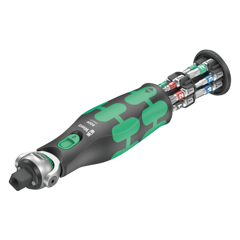 Cliquet Wera 8009 Zyklop Pocket tête orientable combiné douille 3-8 et tournevis 1-4 avec réserve d'embout intégrée noir-vert (27 pièces) - vue 2