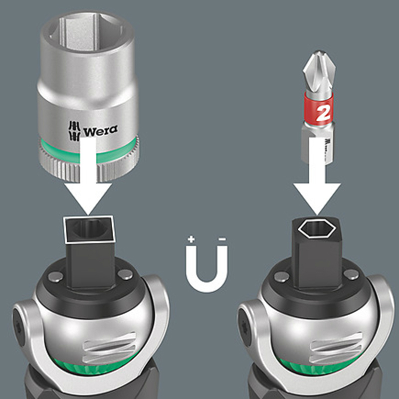 Cliquet Wera 8009 Zyklop Pocket tête orientable combiné douille 3-8 et tournevis 1-4 avec réserve d'embout intégrée noir-vert (27 pièces) - vue 4