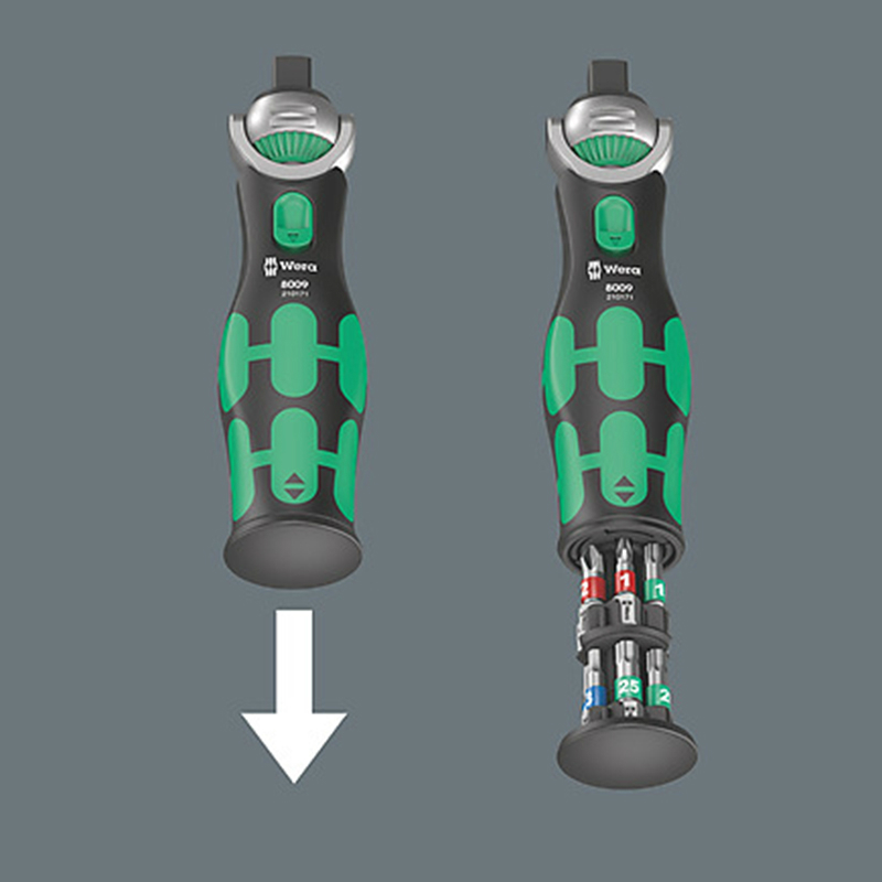 Cliquet Wera 8009 Zyklop Pocket tête orientable combiné douille 3-8 et tournevis 1-4 avec réserve d'embout intégrée noir-vert (27 pièces) - vue 5
