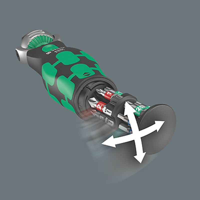 Cliquet Wera 8009 Zyklop Pocket tête orientable combiné douille 3-8 et tournevis 1-4 avec réserve d'embout intégrée noir-vert (27 pièces) - vue 6