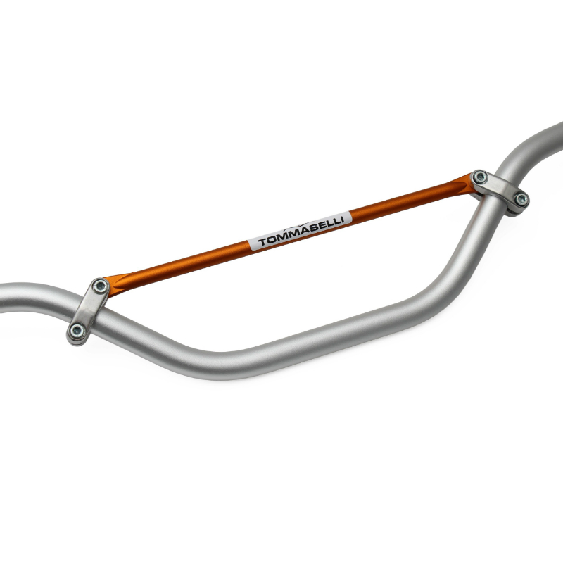 Guidon moto-cross vintage Tommaselli aluminium diamètre 22 mm L873 mm H152 mm argent avec barre de renfort orange - vue 2