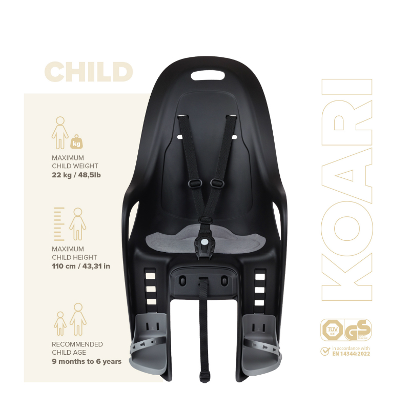 Porte bebe-siege enfant arriere Polisport a fixer sur porte bagage fixation etau koari noir coussin gris (9 a 22KGS) compatible vae homologue en 14344 en boite individuelle - vue 6
