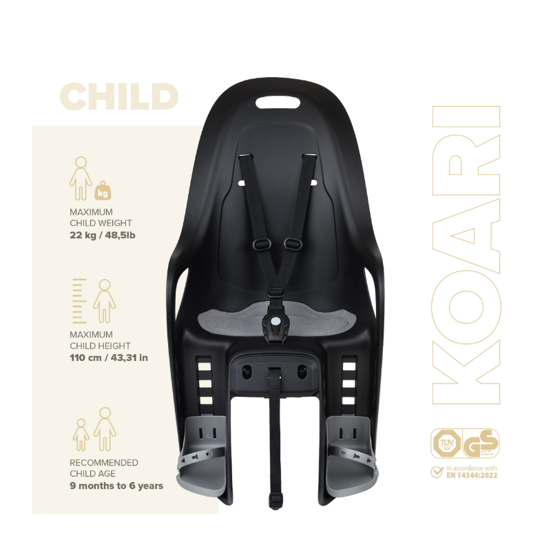 Porte bebe-siege enfant arriere Polisport a fixer sur porte bagage fixation etau koari noir coussin gris pour mik HD (9 a 22KGS) compatible vae homologue en 14344 en boite individuelle - vue 6