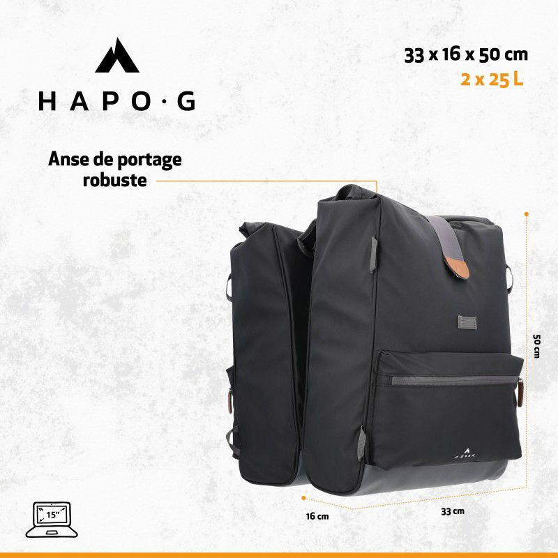 Sacoche arriere velo double hapo.g roll-top 2X25L noir (61X33X16CM) - fixation sangles reglables et velcros sur porte bagage - vue 7