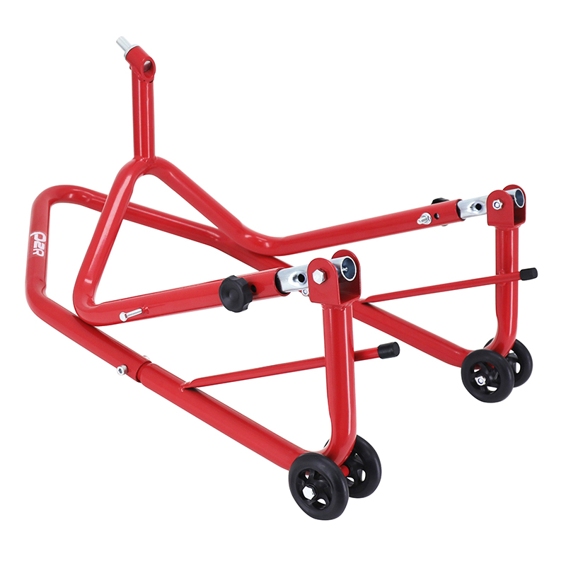 Lève-béquille stand moto P2R avant fixation sous TE de fourche acier rouge (hauteur réglable 67 à 88 cm) - vue 2