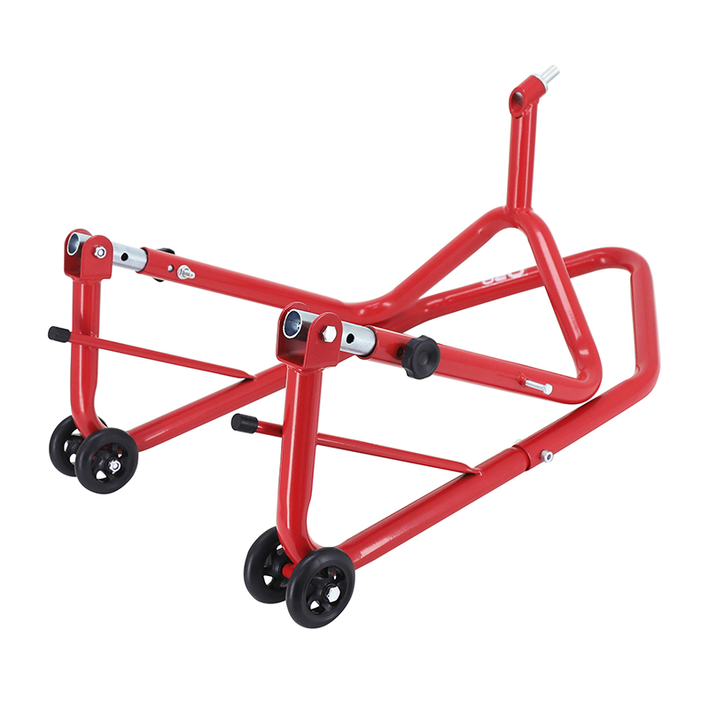 Lève-béquille stand moto P2R avant fixation sous TE de fourche acier rouge (hauteur réglable 67 à 88 cm) - vue 4