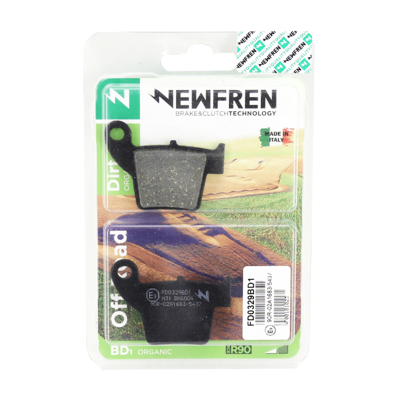 Plaquette de frein Newfren pour honda 250 CRF r 2004+ ar, 450 CRM x 2007+ ar - fantic 50 caballero 2010+ ar - aprilia 450 MXV 2009+ ar (l 60.5MM - h 44MM - p 9.5MM) (FD0329BD) (dirt organique) - vue 2