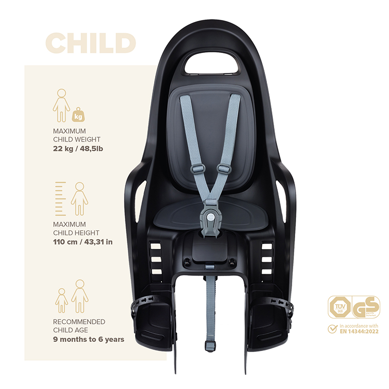 Porte bebe-siege enfant arriere Polisport a fixer sur porte bagage fixation avs+ groovy noir coussin gris (9 a 22KGS) homologue en 14344 - vue 7