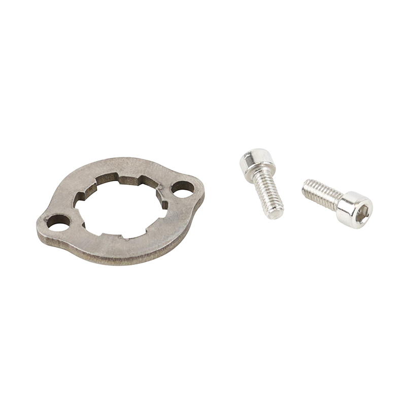 Plaquette maintien de pignon 50 à boîte adaptable Derbi 50 Senda DRD 2006+, X-Trem 2006+, Aprilia 50 SX 2006+, RX 2006+ (entraxe 25 mm, trou 5 mm, vis incluse) - vue 2