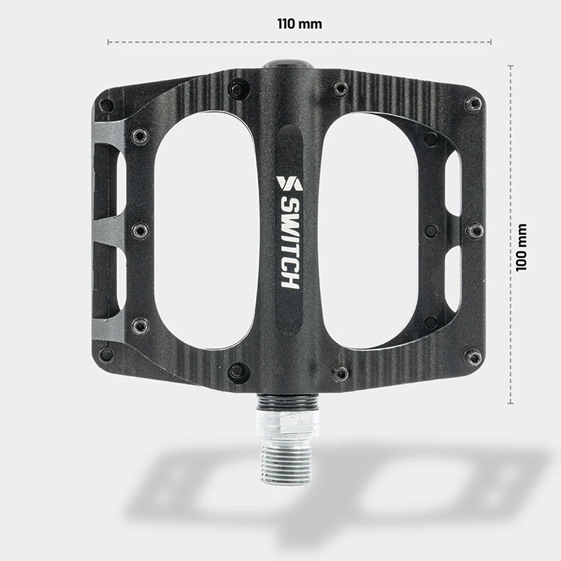 Pédales VTT plateforme freeride SWITCH large aluminium CNC noir filetage 9-16 avec picots (paire) 110x100mm - vue 2