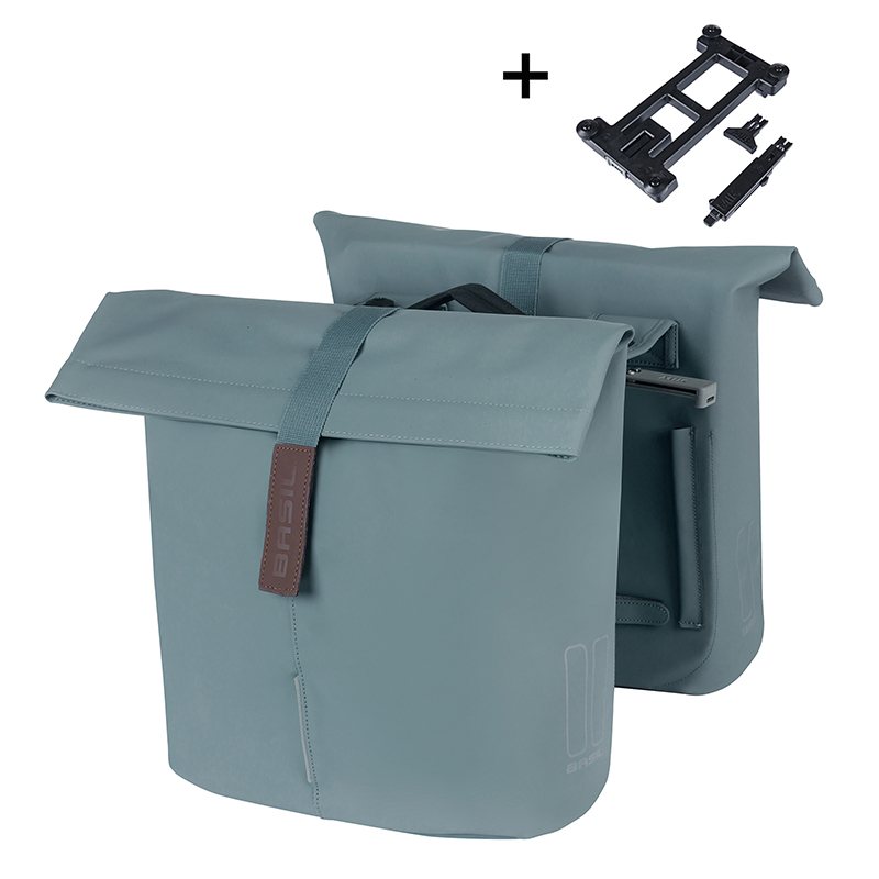 Sacoche arrière vélo double Basil vegan bleu imitation cuir 28-32L fixation porte-bagages - vue 2