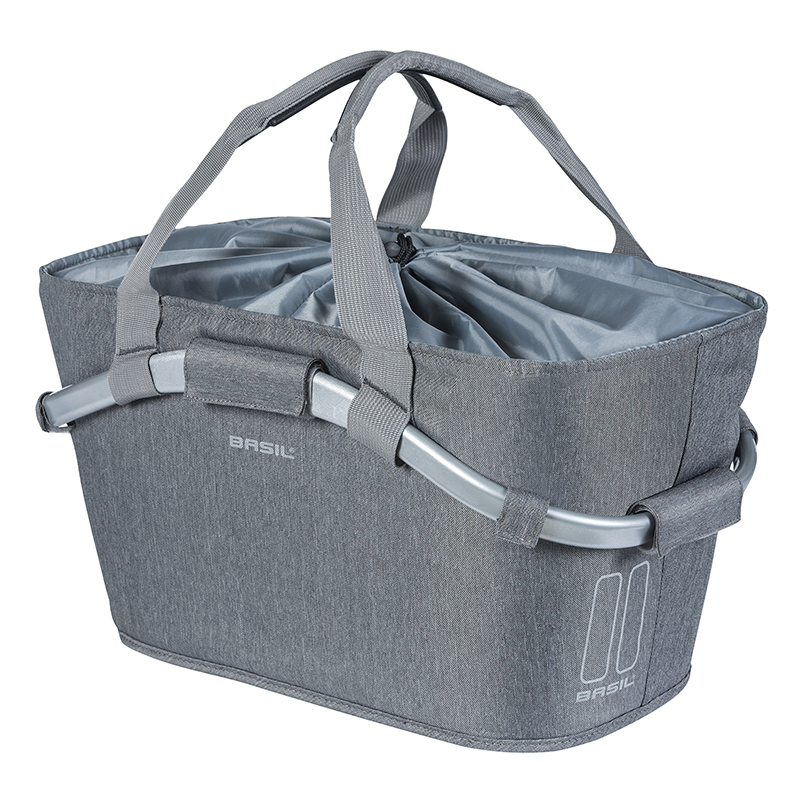 Panier arrière toile Basil 2DAY 22L gris clair avec anse fixation clip automatique sur porte-bagage système MIK