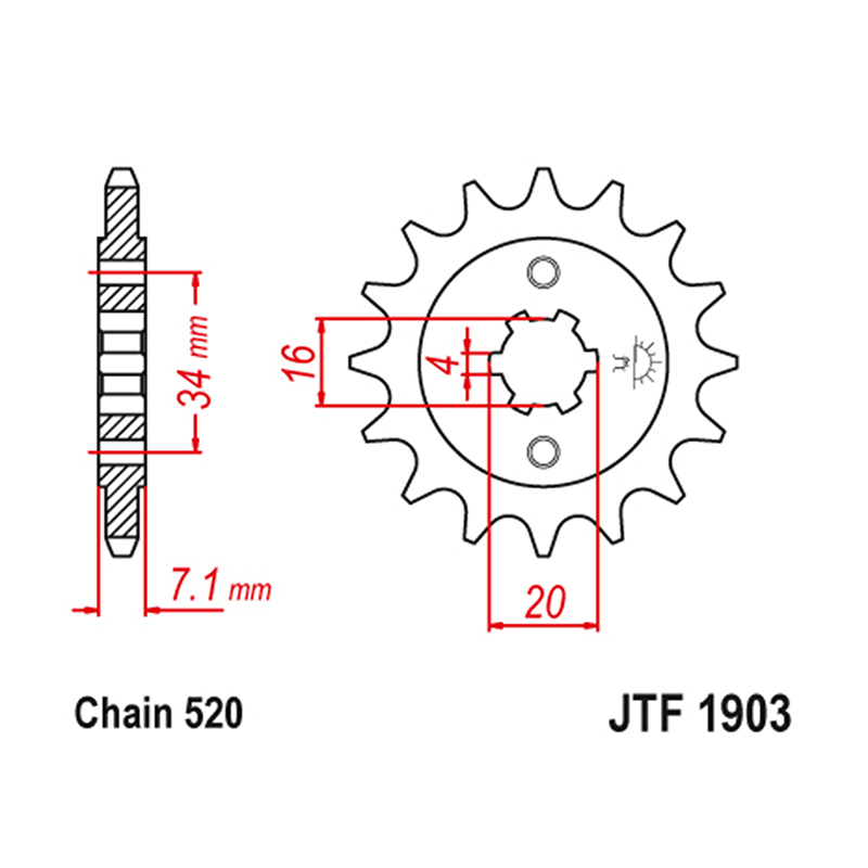 Pignon JT Sprockets 520 14 dents KTM 125 Duke 2011+, 125 RC 2014+, 125 SMC-R 2025+, Husqvarna 125 Svartpilen 2021+ - vue 2