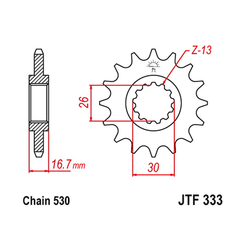 Pignon JT Sprockets adaptable Honda CB 900 F Hornet 2002-2006, CB 1000 R 2008-2016, CBR 1000 RR Fireblade 2004-2016 530 16 DTS RB - vue 2