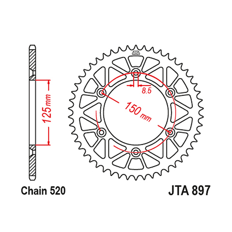 Couronne JT Sprockets 520 52 dents DTS RaceLite alu noir Husqvarna KTM Gas Gas - vue 2