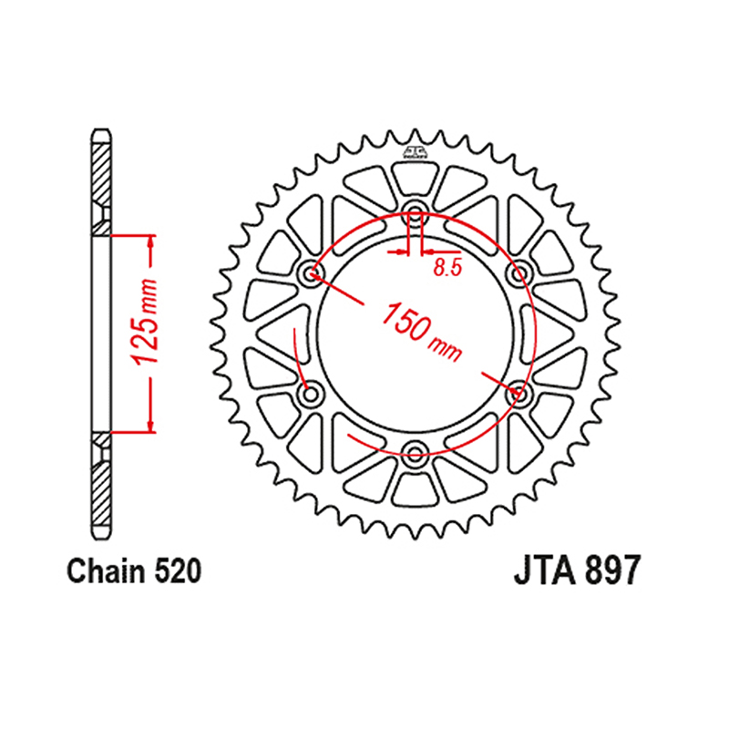Couronne JT Sprockets 520 51 DTS Racelite aluminium noir Husqvarna 125 TC / KTM 125 SX 250 SX-F / Gas Gas 125 MC - vue 2