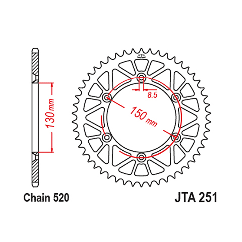Couronne JT Sprockets adaptable Yamaha 125 YZ 230 TT-R 450 YZ-F 520 49 DTS Racelite alu noir - vue 2