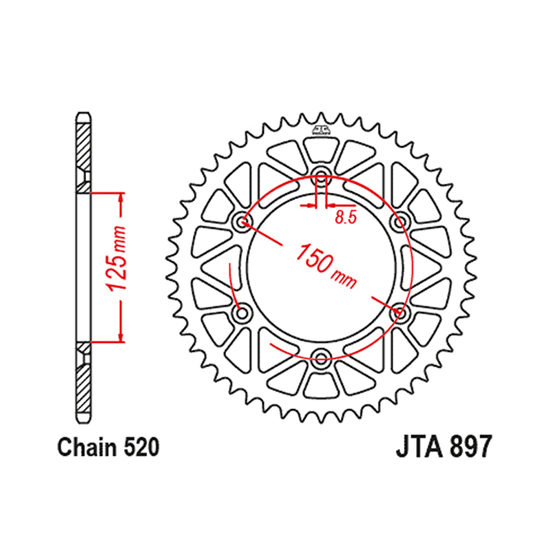 Couronne JT Sprockets 520 47 DTS Racelite alu noir KTM 300 SX 2025+ / 350 XC-F 2023+ / Husqvarna 350 FX 2023+ / Gas Gas 350 EX-F 2024+ - vue 2