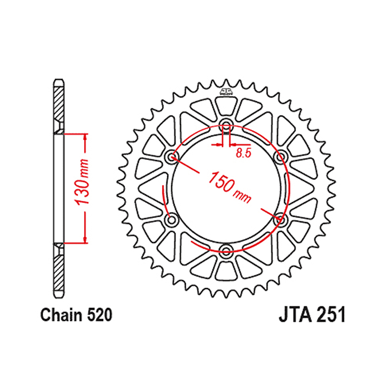 Couronne JT Sprockets adaptable Yamaha 125 YZ 2020+, 250 YZ 2005+, 450 YZ FX 2016+2024 520 50 DTS Racelite alu bleu (130-150-8.5) - vue 2