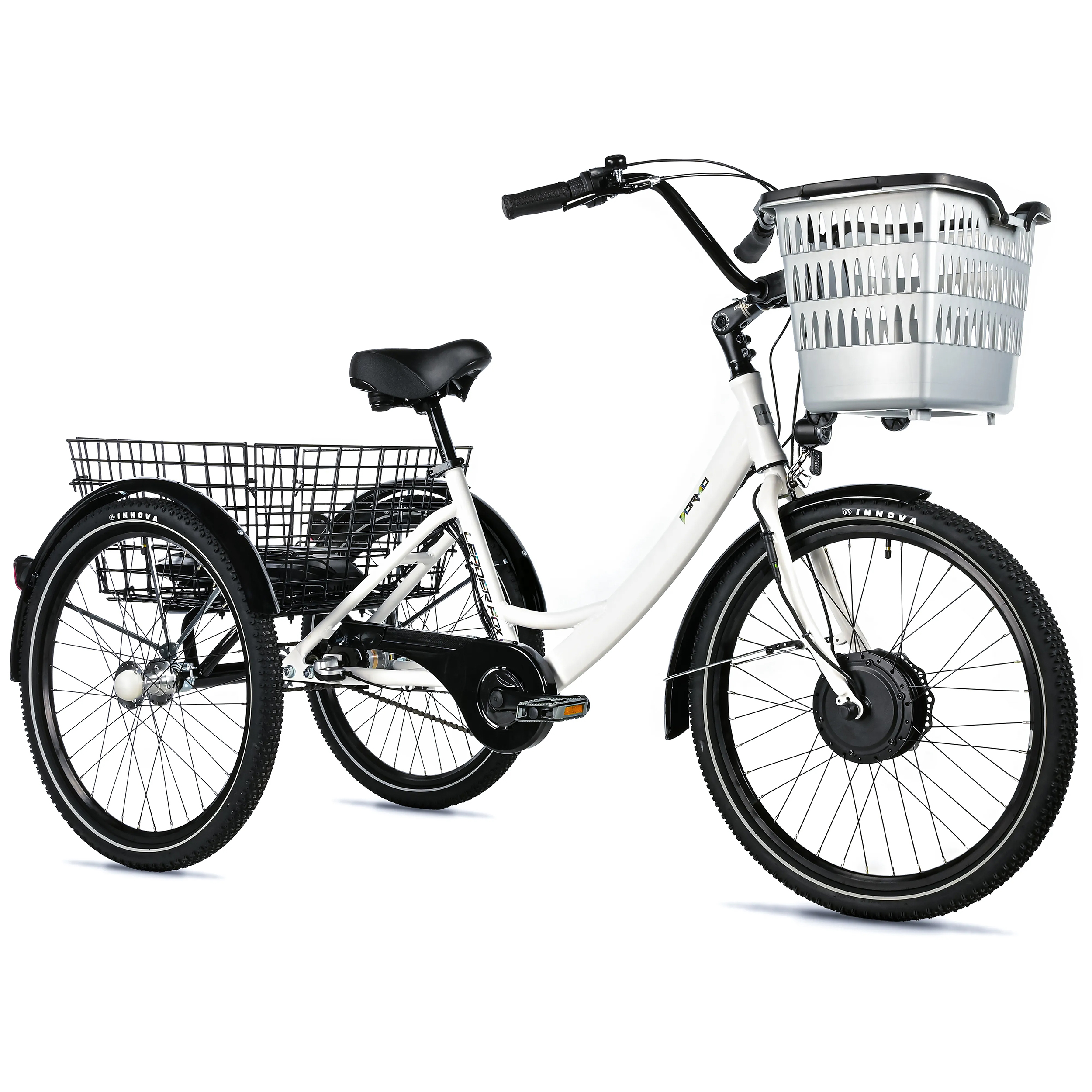 Tricycle electrique-vae city Leader Fox 24" bormio 2025 mixte blanc brillant 3V shimano nexus moteur roue av bafang 36V 45NM batterie 14,4AH (largeur hors tout 81CM)