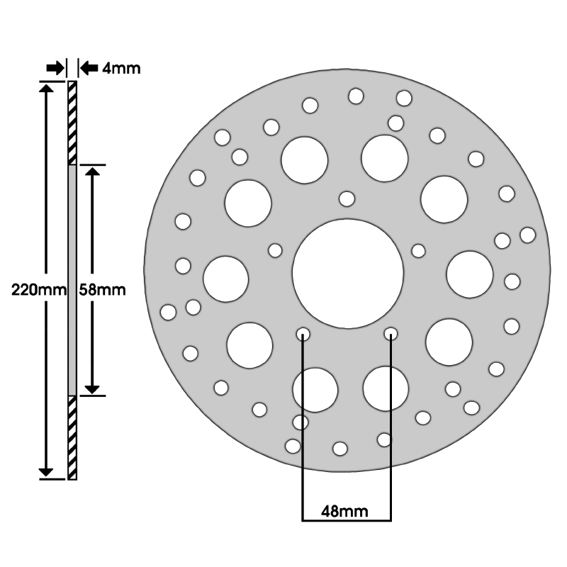 Disque de frein adaptable gilera 50 runner 1996+ av, 125 runner 1997+ av - piaggio 50 NRG MC3 2001+ av (ext 220MM, int 58MM, 5 trous) -selection P2R - vue 2