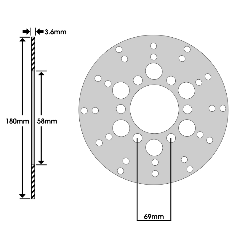 Disque de frein adaptable kymco 50 agility 2005+ av, top boy 1998+ av, vitality 2004+ av - peugeot 50 speedfight 1997+2008 av-ar (ext 180MM - int 58MM - 3 trous) -Igm - vue 2