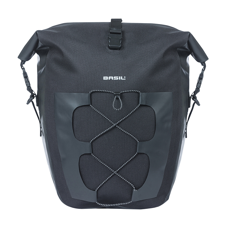 Sacoche arriere velo laterale Basil navigator cyclotouriste waterproof 25-31L noir fixation hook on sur porte bagage (32X15X37CM) avec poignee et bandouillere fermeture enroulement - vue 2