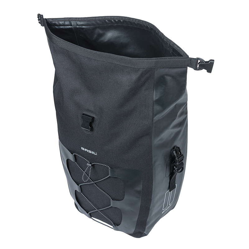 Sacoche arriere velo laterale Basil navigator cyclotouriste waterproof 25-31L noir fixation hook on sur porte bagage (32X15X37CM) avec poignee et bandouillere fermeture enroulement - vue 3