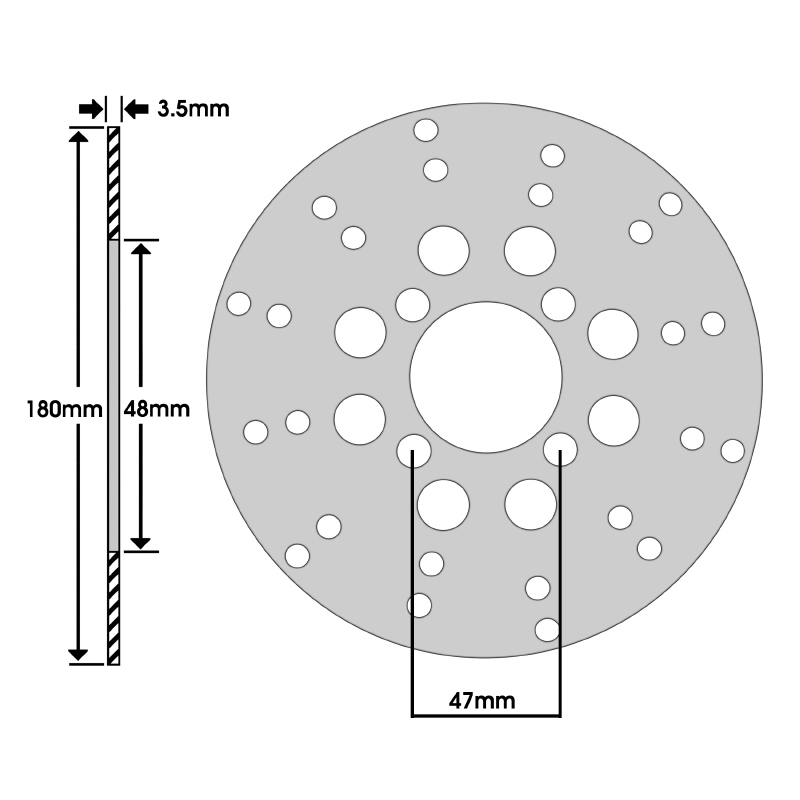 Disque de frein adaptable MBK 50 booster 1999+ av, NG 1995+1998 av - yamaha 50 BWS 1999+ av, bump 1995+1998 av (ext 180MM - int 48MM - 4 trous) -Igm - vue 2