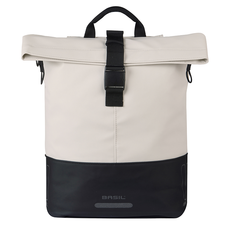 Sacoche arriere velo laterale sac bandouliere Basil cove shopper blanc casse-noir droit-gauche 14-16L fixation mik hooks porte bagage (36X14X29CM) avec poignee fermeture pliante impermeable - vue 2