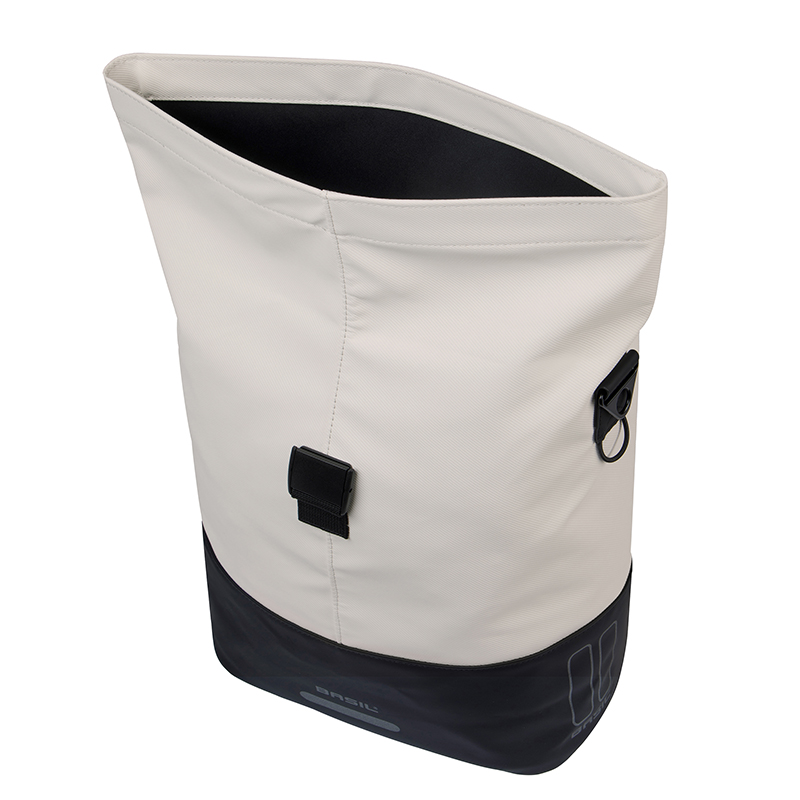 Sacoche arriere velo laterale sac bandouliere Basil cove shopper blanc casse-noir droit-gauche 14-16L fixation mik hooks porte bagage (36X14X29CM) avec poignee fermeture pliante impermeable - vue 3
