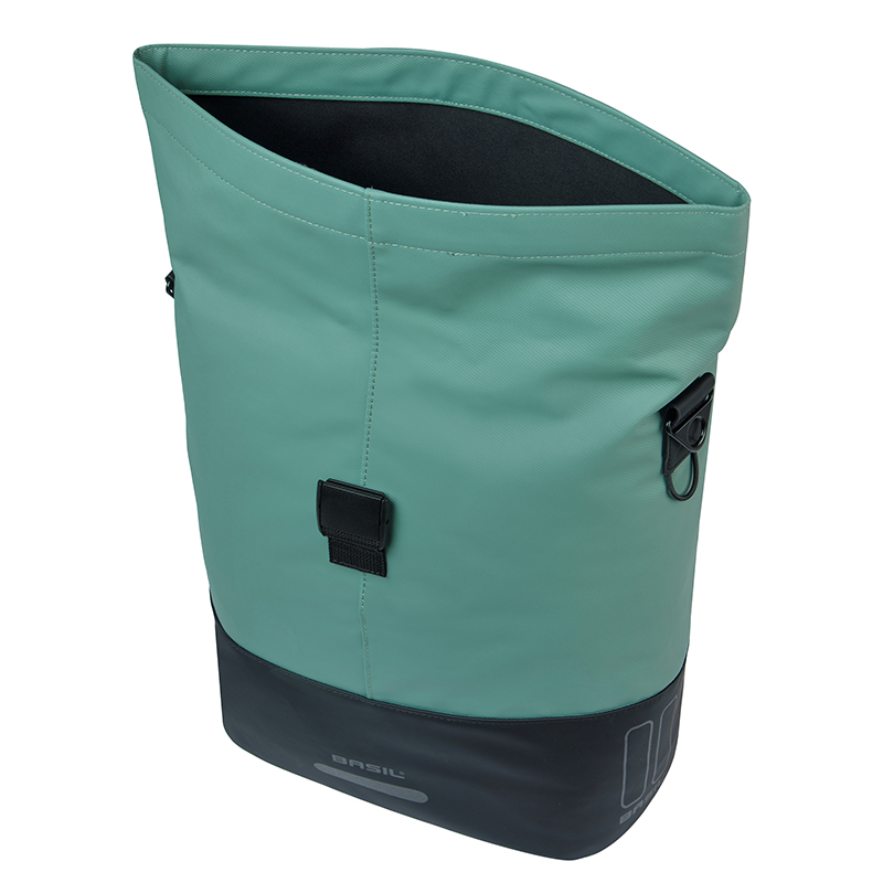 Sacoche arriere velo laterale sac bandouliere Basil cove shopper vert argente-noir droit-gauche 14-16L fixation mik hooks porte bagage (36X14X29CM) avec poignee fermeture pliante impermeable - vue 3